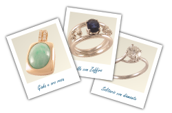 immagine di tre gioielli personalizzati, un ciondolo, un anello con zaffiro e un solitario